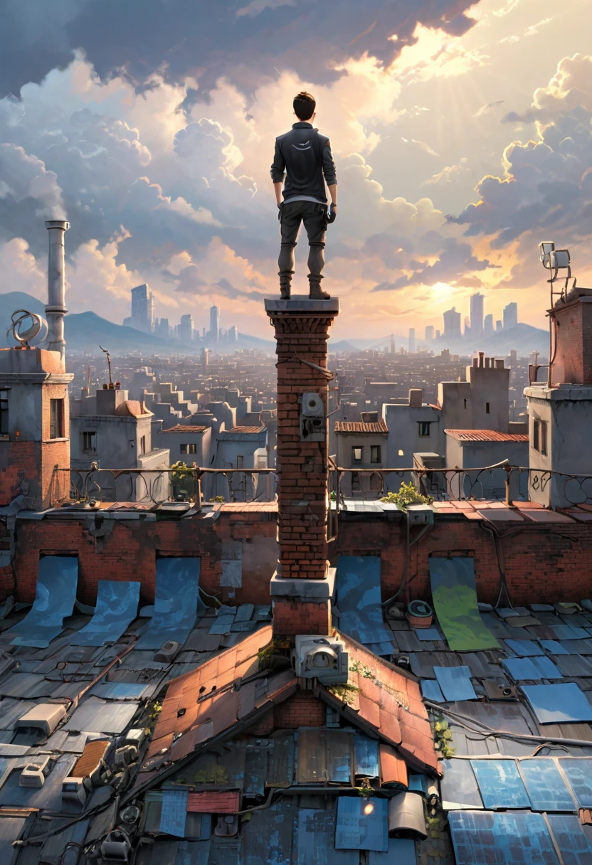 Person Standing on the Rooftop, (masterpiece, best quality, Professional, perfect composition, very aesthetic, absurdres, ultra-detailed, intricate details:1.3)