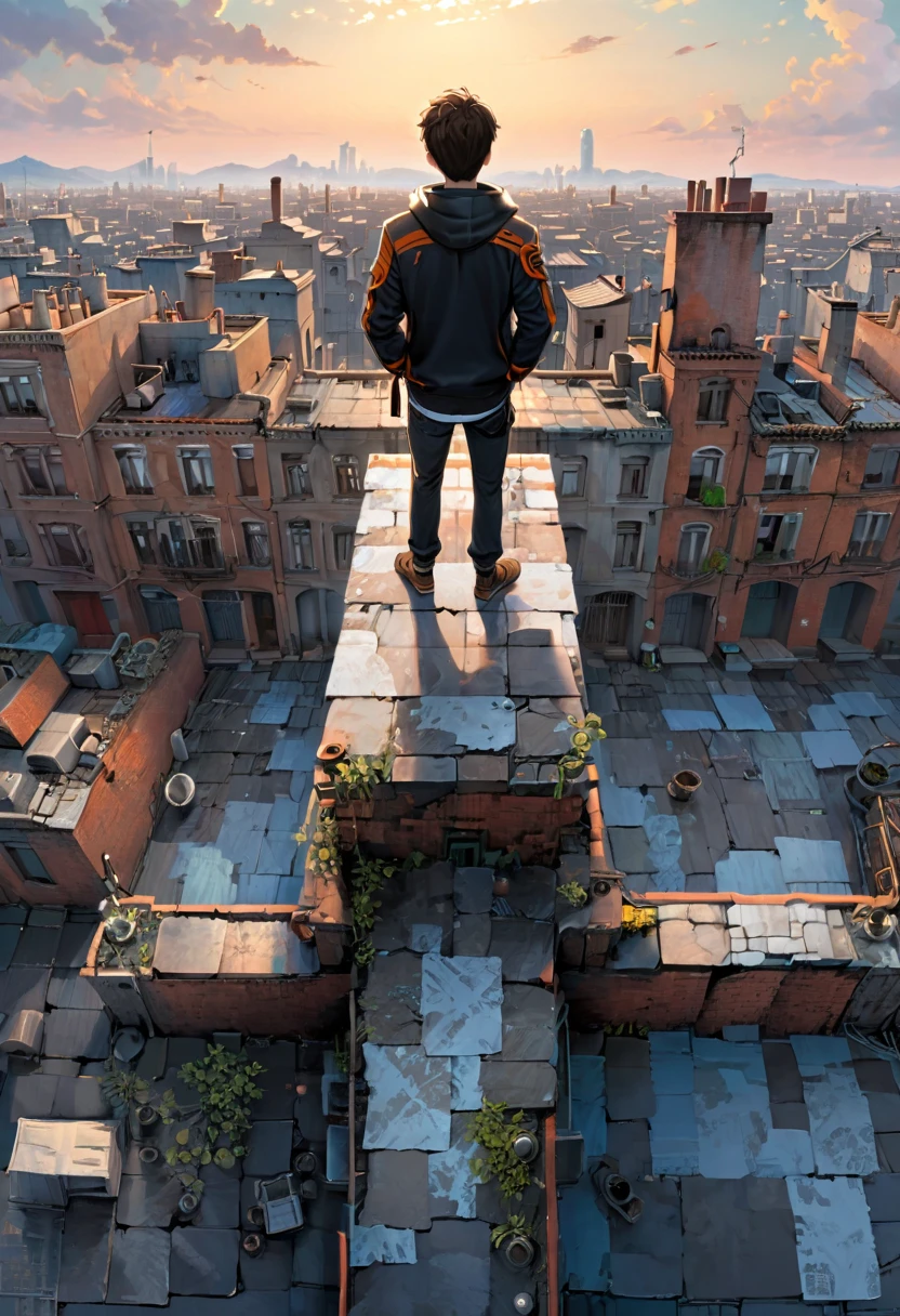 Person Standing on the Rooftop, (masterpiece, best quality, Professional, perfect composition, very aesthetic, absurdres, ultra-detailed, intricate details:1.3)