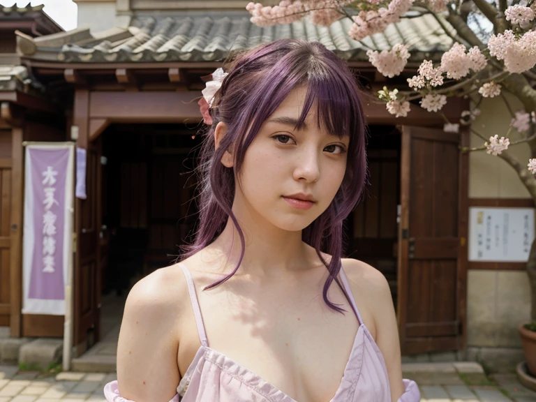 1: girl, Yunxi character with purple hair, full naked body, standing facing backwards, full ultra HD