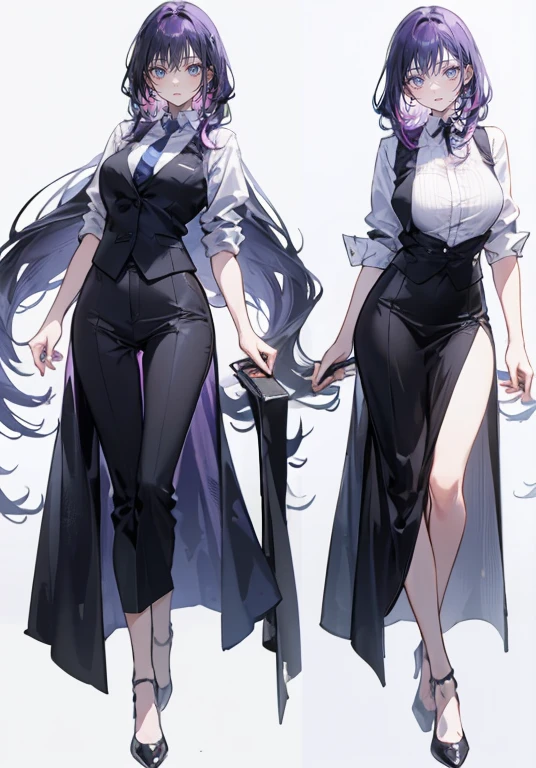 ((Perfect Face)),Purple Hair,voluminous long hair,1 female,bartender,suit,Black vest,Shirt with rolled up sleeves,tie,slit,High heels,,((Simple Background)),smile,((whole body)),((whole body)),Portraiture,virtual,upright,,Both arms are down,Standing upright with face and body facing forward,
