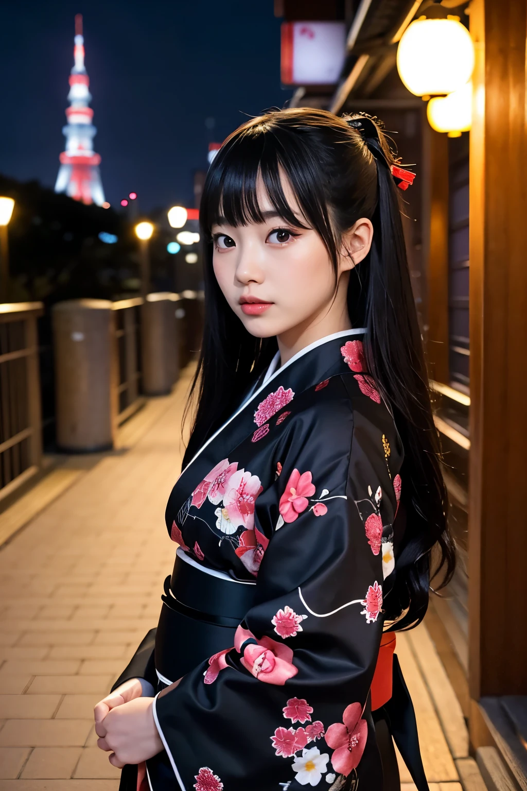 "Japanese girl with long black hair wearing a traditional kimono, standing in front of the Tokyo Tower at night