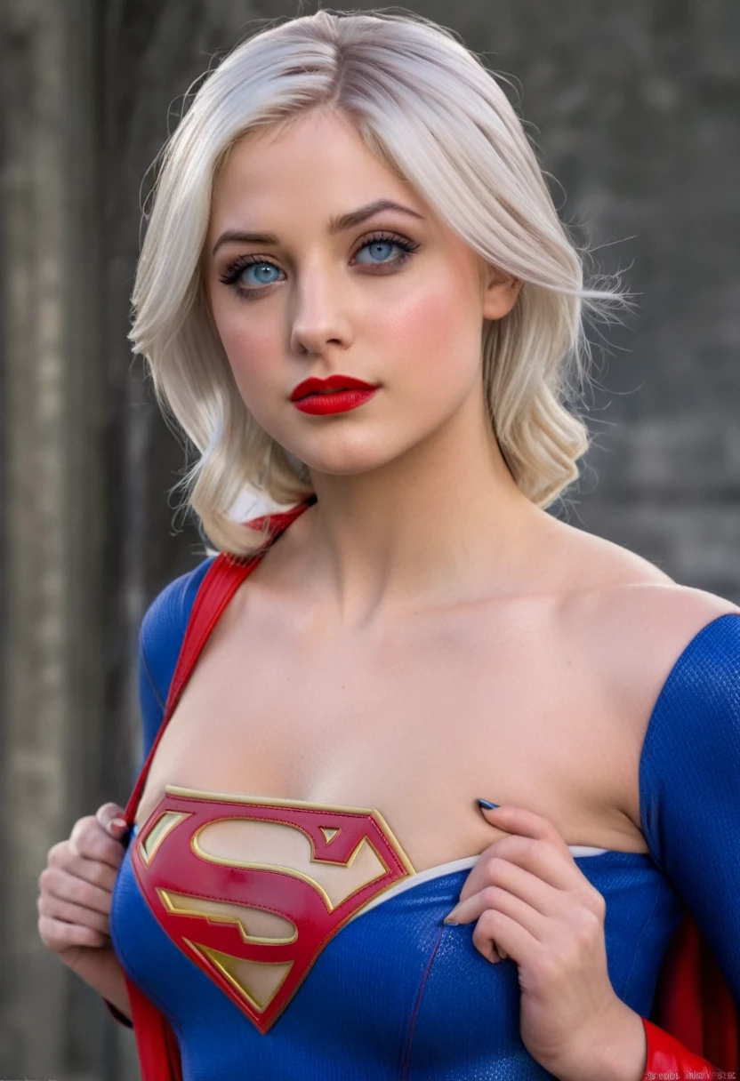 Hyper photo realistic picture perfect supergirl, perfect face, thin curved platinum blonde eyebrows,  long luscious eyelashes, thick black eyeliner, black eye shadow, big eyes, Florence blue eyes, bright cheek makeup, bright red lipstick, beautiful perfect face. Curved lips, skimpy supergirl outfit, perfect round breasts, slinder waist, perfect hips, perfect ass, krypton giant planets on sky