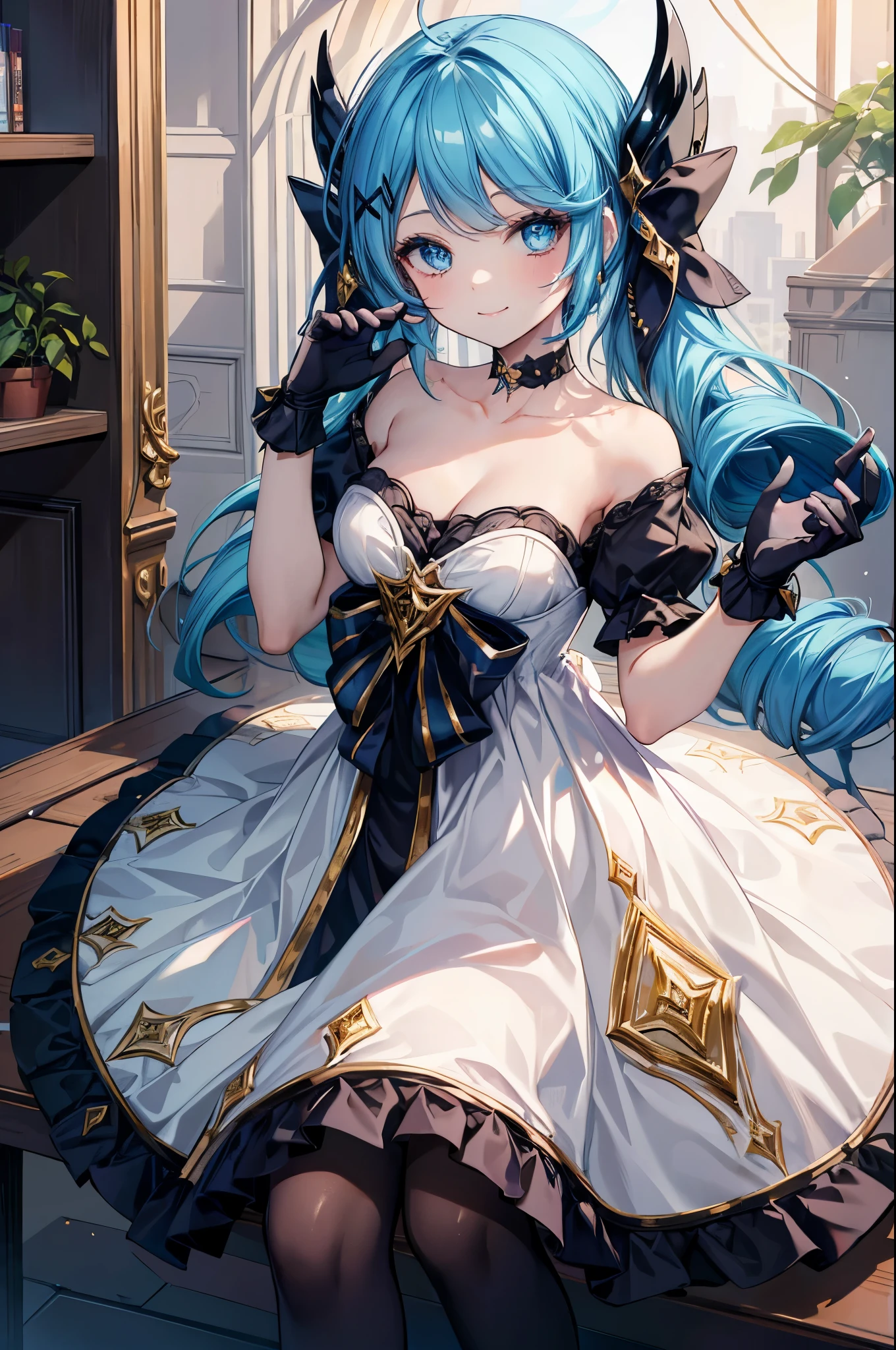 (masterpiece, best quality:1.2), expressive eyes, perfect face, highres, 1girl, solo, black bow, black gloves, black legwear, blue eyes, blue hair, bow, collarbone, dress, drill hair, frilled dress, frills, gloves, gwen \(league of legends\), hair ornament, league of legends, long hair, puffy sleeves, pink pupils, white dress, x, x hair ornament, smiling, waving, crossed legs, sitting, portrait, looking at the viewer