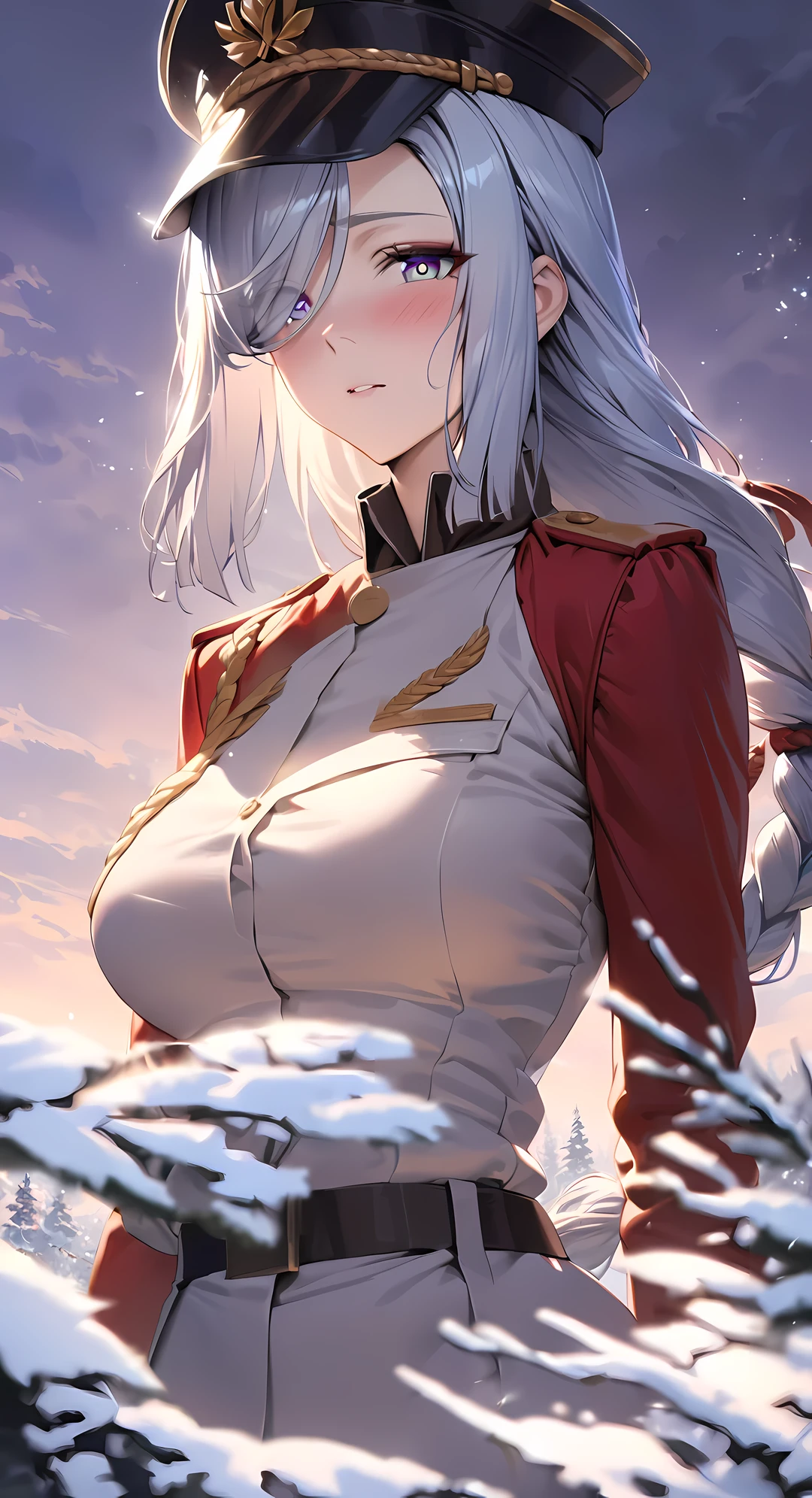 shenhe, upper body, seductive look, blush, outdoors, snowflake scenery, looking at viewer, cloudy, moody lighting, (perfect detail eyes:1.2), glowing eyes, (long hair one braid:1.2), elemental skill effect, (Masterpiece, Best Quality, High Quality:1.4), professional artwork, Intricate Details, field of view, sharp focus, detailed painting, photorealistic lighting, trending on pixiv, (vivid lighting, vibrant colors:1.05), realistic shadows, ambient occlusion, (athletic body:1.3), mature woman, 30yo, (wear military uniform:1.7),(military cap:1.2)

