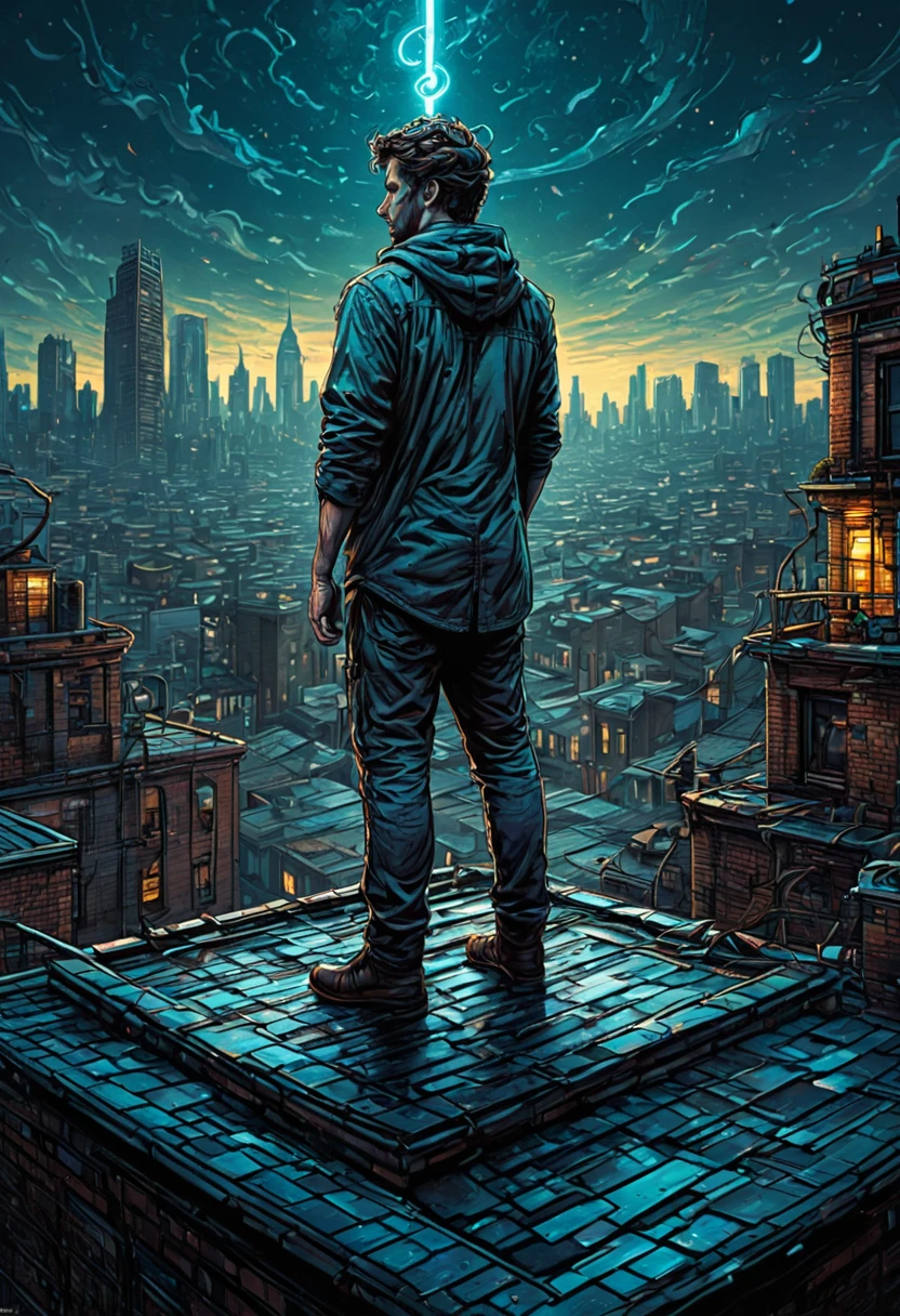 Person Standing on the Rooftop, by dan mumford, best quality, masterpiece, very aesthetic, perfect composition, intricate details, ultra-detailed