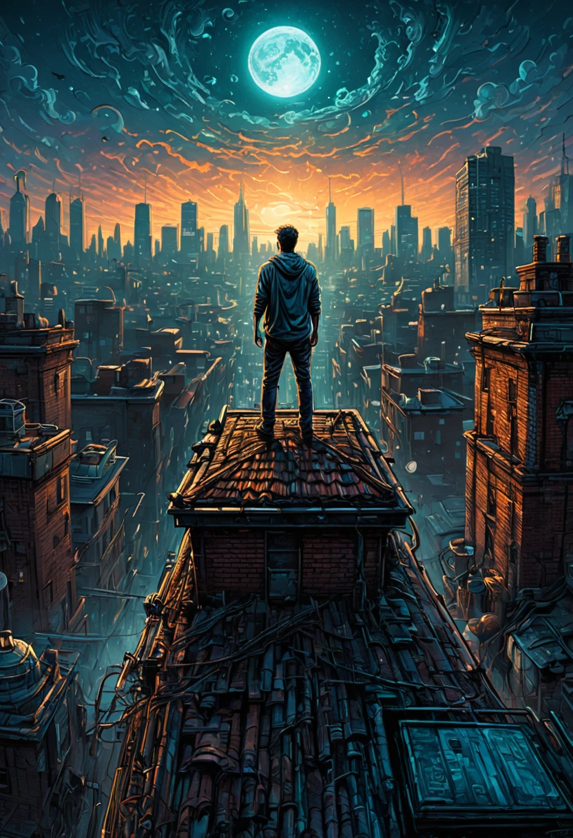 Person Standing on the Rooftop, by dan mumford, best quality, masterpiece, very aesthetic, perfect composition, intricate details, ultra-detailed