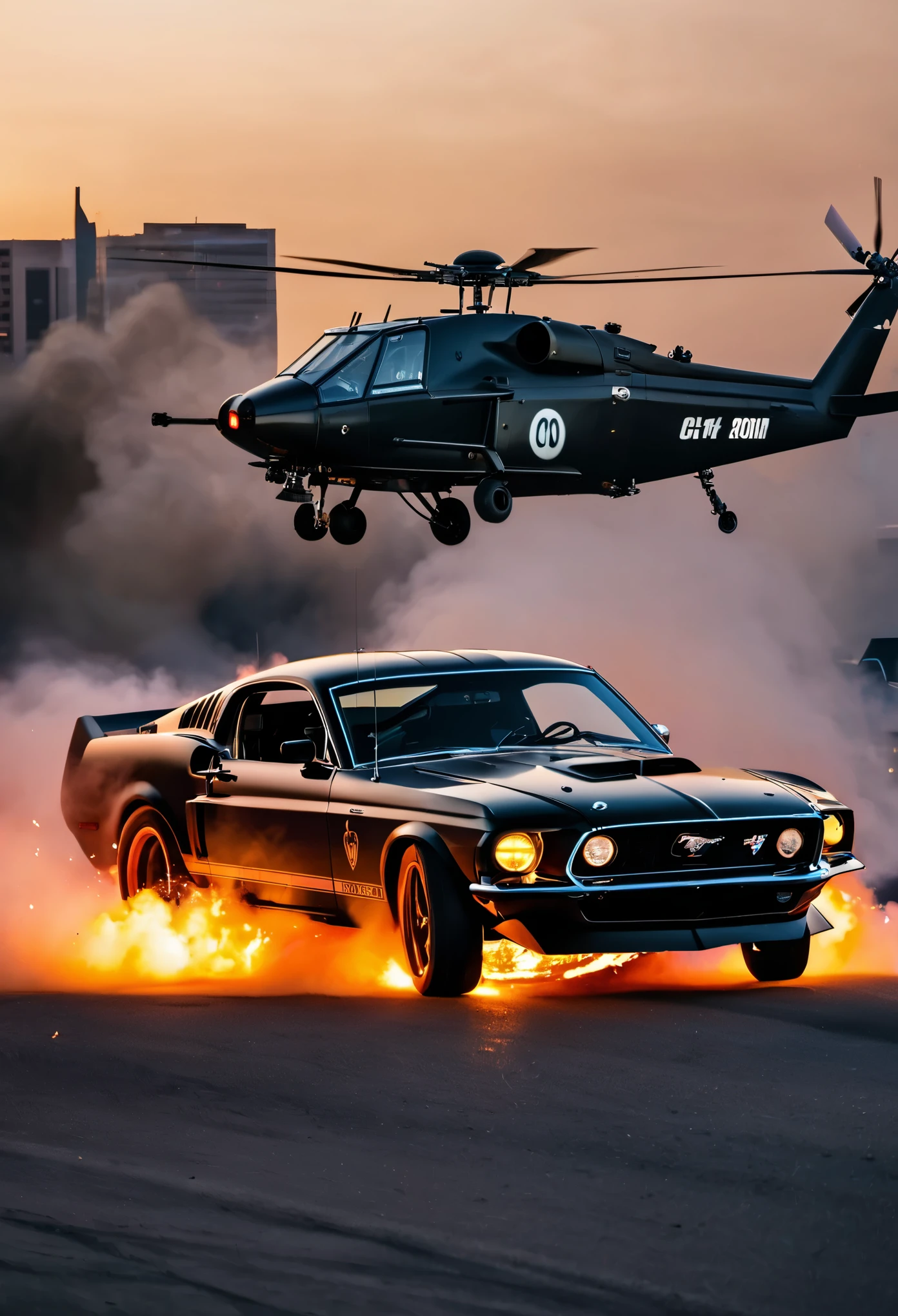 (Best quality,4K,8K,A high resolution,tmasterpiece:1.2),ultra - detailed,(actual,realistically,realisticlying:1.37),explosive movement,high speed chase,The helicopter circles, city on fire dramatic lights,The sound of explosions filled the night sky,Time series,expensive sports car, drifting smoke, ford mustang, Emotional confrontation.