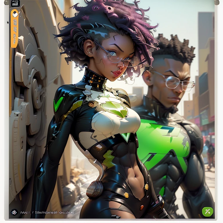 a picture of a woman with green eyes, artgerm comic, telegram sticker, crackling black lightning, mohawk, trending on arstation, f2.2, name of the character is chad, muscular girl, afro tech, featured, ui card, by Justin Sweet, instagram story, noah bradley. sharp focus, beautiful comic art