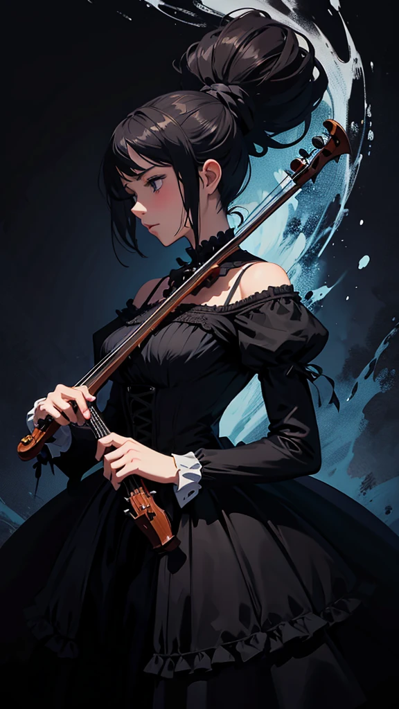 silhouette female violinist, victorian dress, sorrow splash paint art style