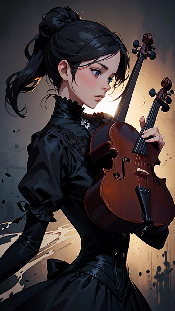 silhouette female violinist, victorian dress, sorrow splash paint art style