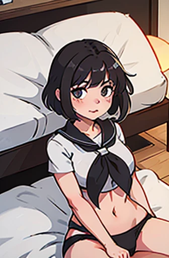 Girl with black hair showing her panties to the camera , looking at the camera, corada, calcinha branca transparente dando pra ver sua vagina, buceta, private part, opening your legs towards the camera, usando uma regata e uma saia, em um quarto, sentada no canto da cama