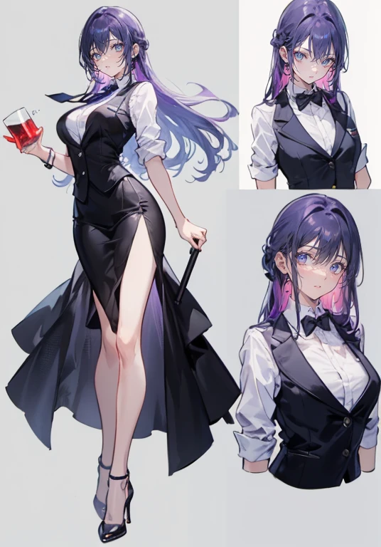 ((Perfect Face)),Purple Hair,voluminous long hair,1 female,bartender,suit,Black vest,Shirt with rolled up sleeves,tie,slit,High heels,,((Simple Background)),smile,((whole body)),((whole body)),Portraiture,virtual,upright,,Both arms are down,Standing upright with face and body facing forward,