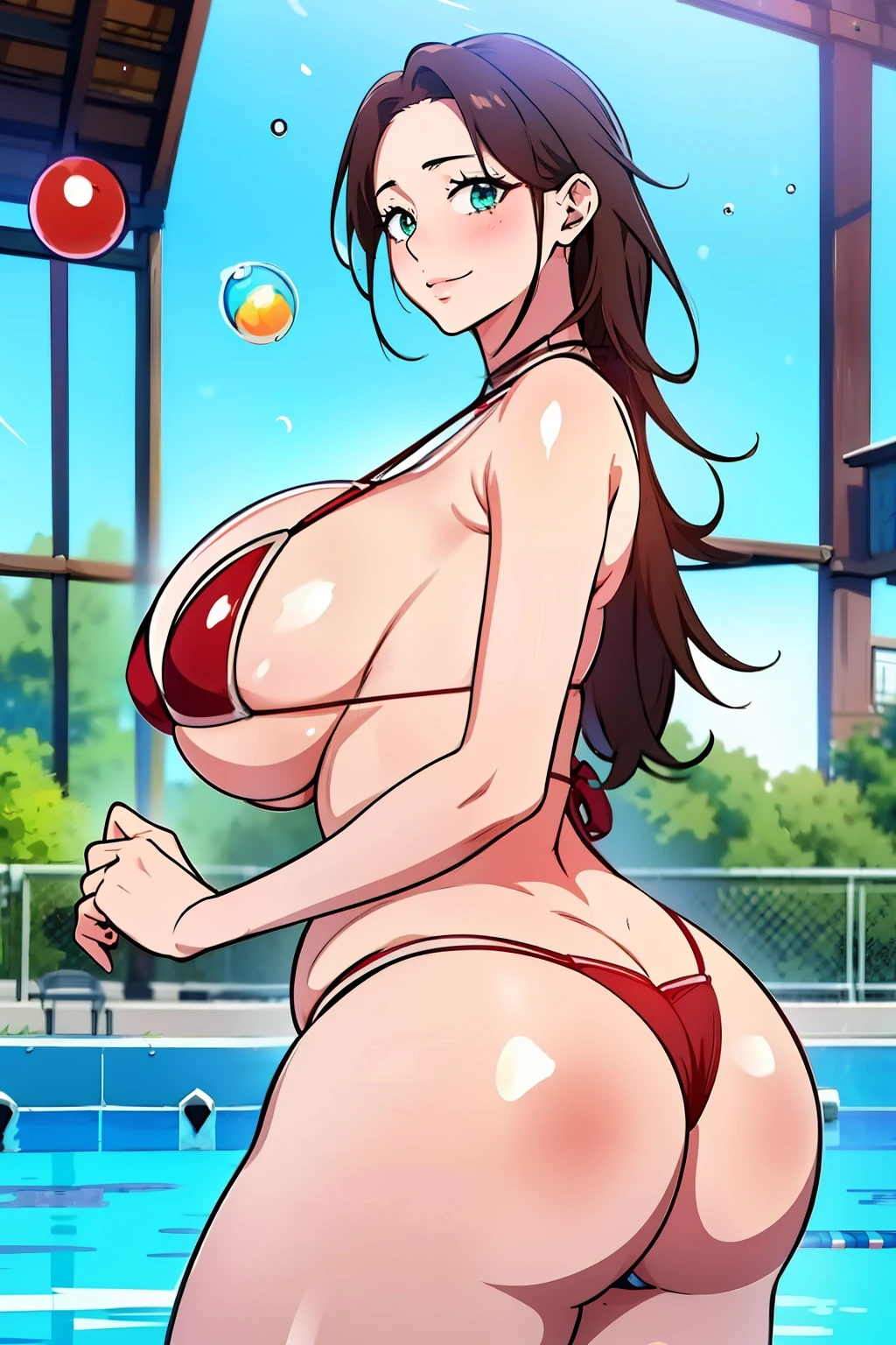 An anime-style artwork depicting ruan mei from the game Honkai star rail.

Tags: ruan mei, anime, detailed eyes, detailed lips, (micro bikini : 1.4), smiling expression, intense gaze, glowing emblem on hand, dynamic pose, , outdoor, pool,, vibrant colors, digital art, high-resolution, professional quality, gigantic breasts, (underboob : 1.4), curvy, cowboy shot, (gigantic breasts: 1.4), green eyes, (light brown hair), curvy ass, (big butt : 1.4), (bubble butt : 1.4), from behind, back view,