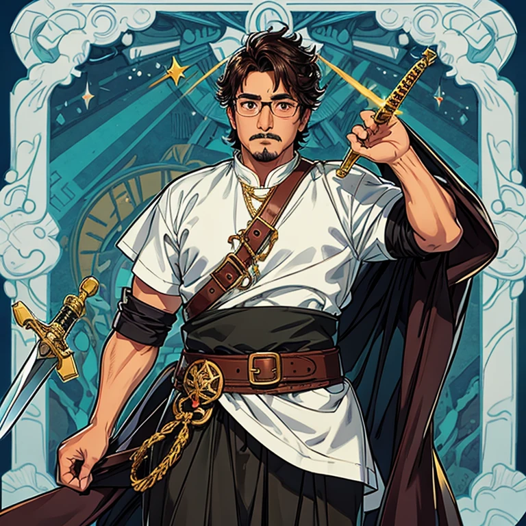 A mexican man wearing eyeyeglasses and has a not so dark lips with a brown dog, he is a little chubby and has sword like a fighter for the kingdom