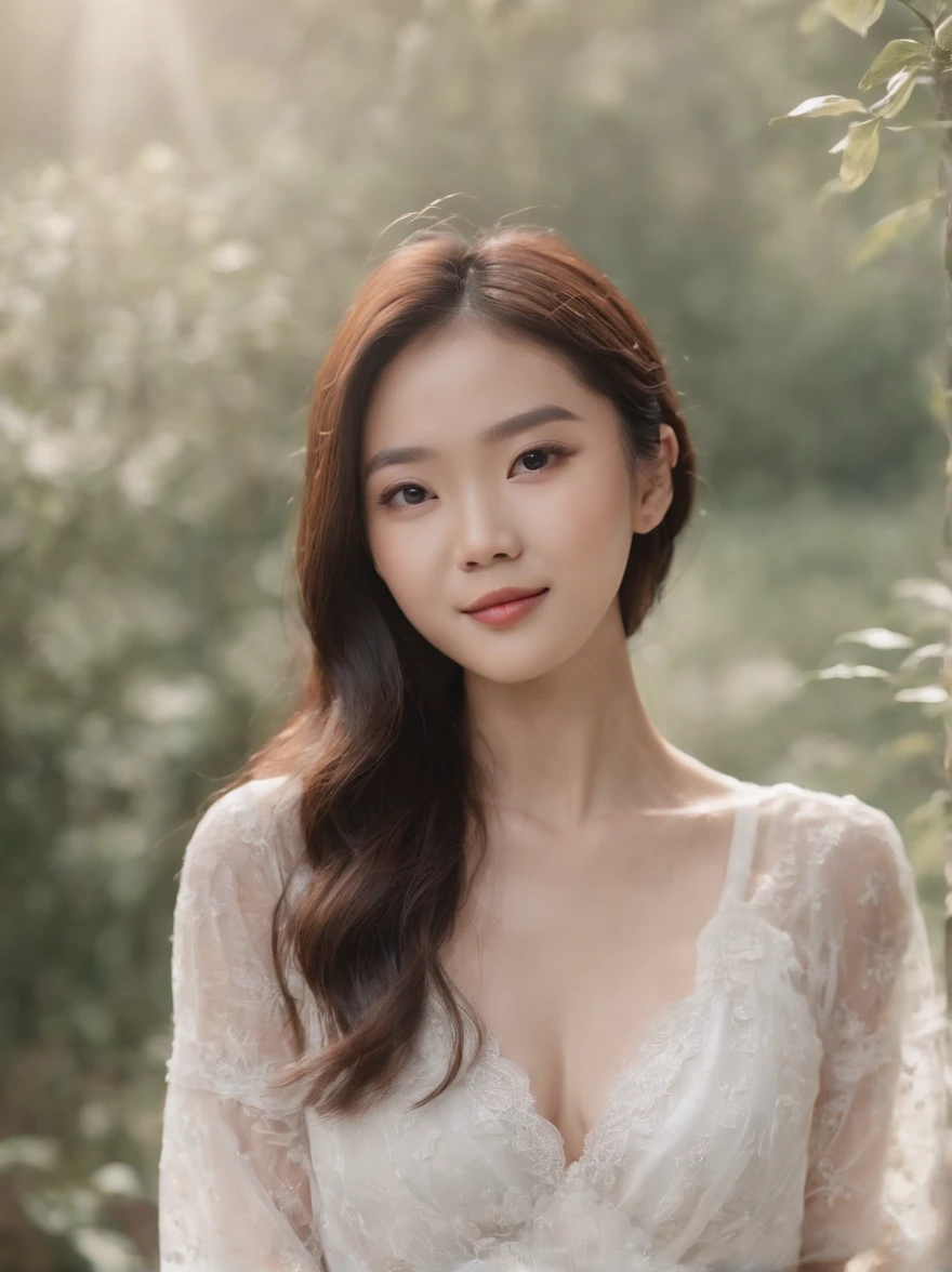 This image shows a beauty、ellegance、Intellectual women wear a dress。Her dress is light-toned,The gentle material makes it light and breezy in the breeze。She stood in a peaceful garden,Blooming flowers and green leaves in the background。The woman's long hair is blown by the breeze,Her gaze revealed confidence and wisdom。Her smile seems to be the embodiment of knowledge and beauty,Make the whole scene more fascinating。The image exudes a noble and refined temperament both inside and out,Unforgettable。