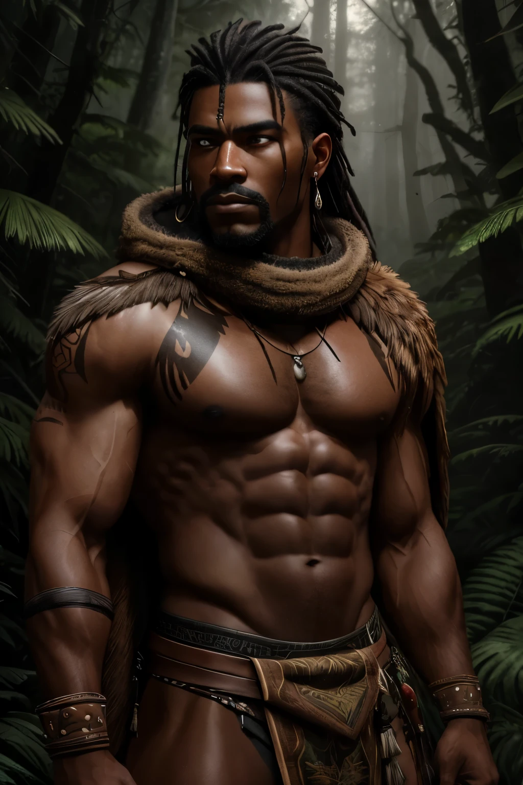 A realistic depiction of an indigenous hunter with dark skin, dressed in traditional attire, his muscular build showcased through a loincloth and intricately painted body paint. His piercing eyes, full of determination and focus, are set against the backdrop of a forest landscape, the foliage surrounding him a blur of greens and browns. The scene is captured in ultra-high definition, 8K, with every detail of the hunter's features and the natural environment brought to life through the use of photorealistic techniques and sharp, brilliant lighting. The atmosphere is moody and captivating, transporting the viewer into the heart of the wilderness.