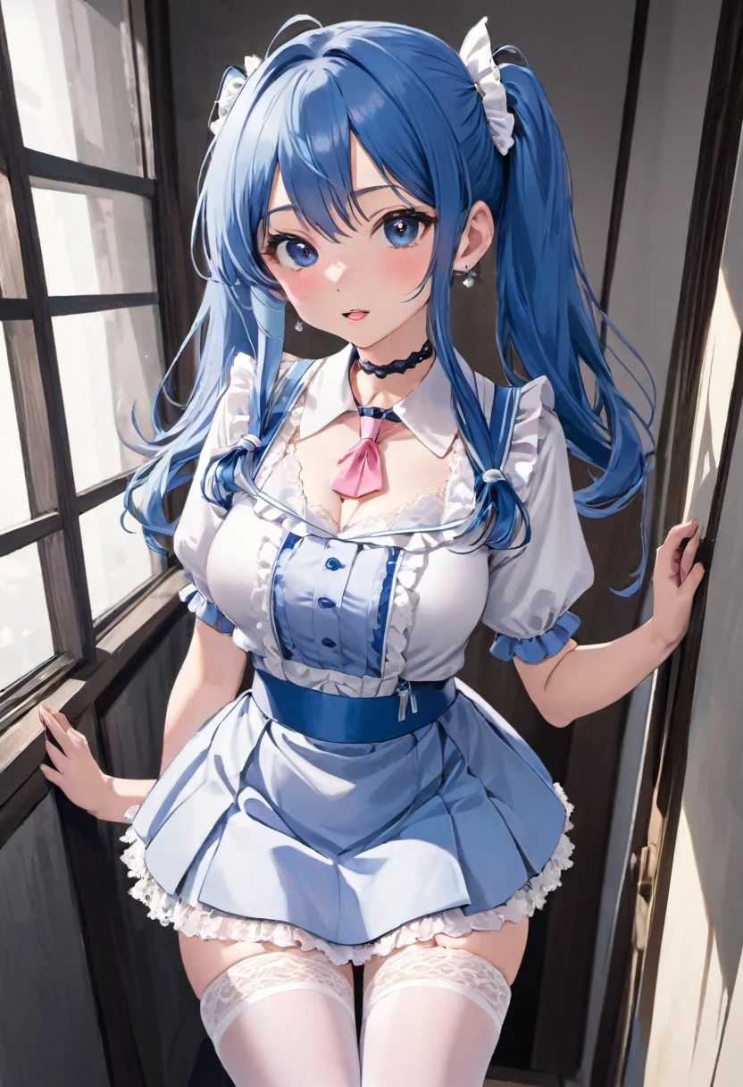 18 years old, Japanese, long blue hair tied in two ponytails, slender, medium-sized firm breasts, perfect and firm ass, tongue piercing, beautiful earrings in the ears.
clothes - white and pink maid uniform, short skirt, deep neckline, white lace choker around the neck, white stockings with a belt, white lace thong. 
in normal times, modest dresses, long skirts and blouses. 
underwear is always very sexy and revealing.