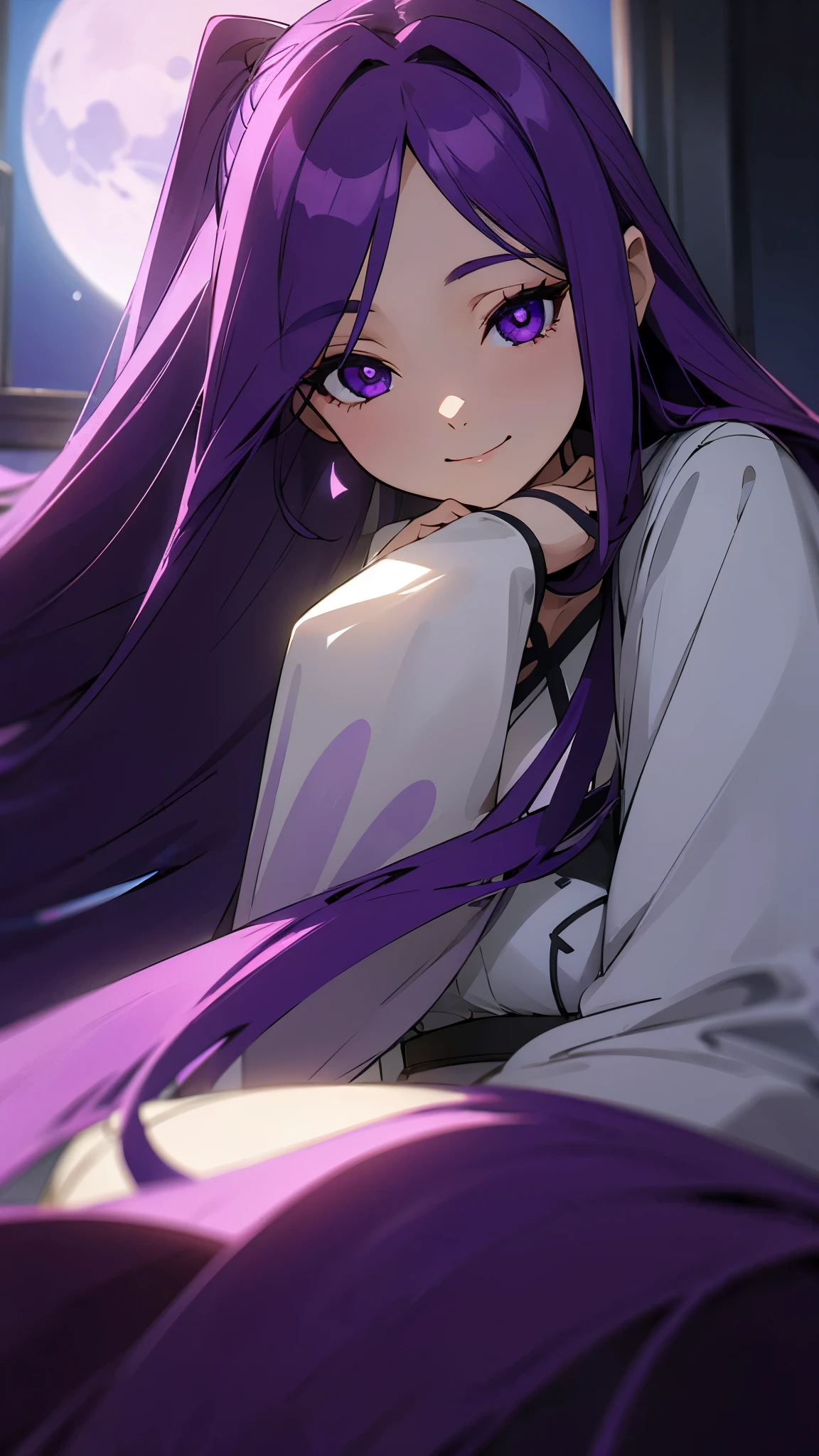 1 Girl、Long purple hair、Purple eyes、Dressed in white、Indoor Background、I can see the moon from the window、Poses for daily activities、Warm atmosphere、A seductive smile、Upper body close-up