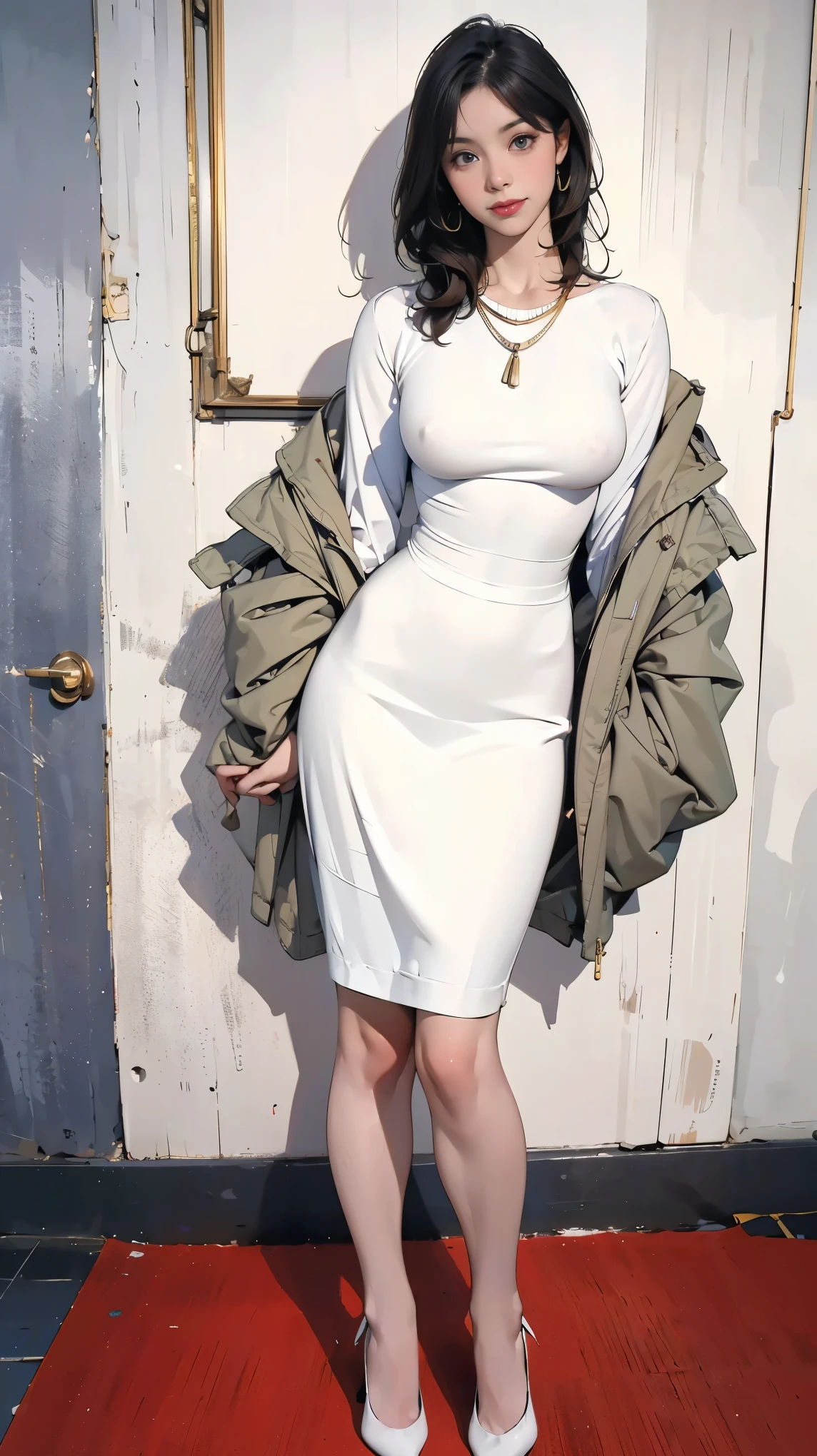(best quality,4k,8k,highres,masterpiece:1.2), ultra-detailed,(realistic,photorealistic,photo-realistic:1.37), Asian woman, jet black hair, warm brown eyes, delicate physique, carrying the grace and strength of a woman who has made a home in a foreign land, she's wearing elegant blouses and skirts, with a thin gold necklace bearing her children's initials, this classic and modest style not only enhances her delicate features but also accentuates her devotion to her family, she carries a determined gaze and a compassionate smile, set against the backdrop of her modern, luxury apartment in the city center, where minimalist aesthetics blend beautifully with traditional Korean elements, she has a practical hairstyle, well-manicured nails, classic footwear, minimal makeup, and functional accessories, the apartment is filled with warm lighting, and the windows offer a cityscape view, her home is a reflection of her personality - gentle yet resilient, with a keen focus on details, she navigates her family environment with an aura of determination, exhibiting her unyielding determination and active lifestyle, her hands, super finely detailed, are often busy with the management of her home, she exhibits her full body confidently, a testament to her inspiring journey and daily accomplishments, the ambiance is devoid of any logos, focusing solely on her and her exceptional vision.