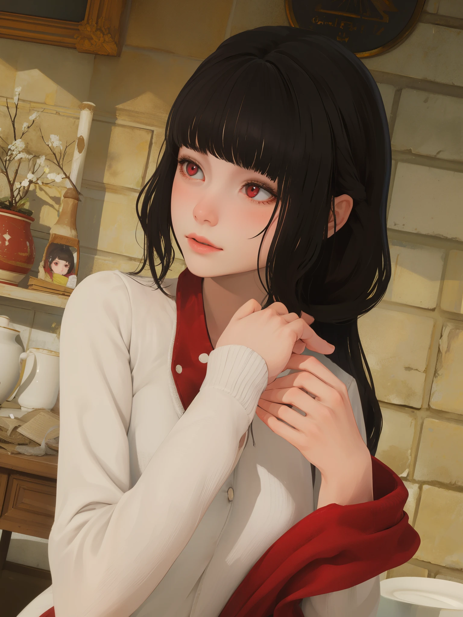 masterpiece, highly detailed, best quality, 1girl, solo, Luna, black hair, loose low tied hairstyle, red eyes, hands