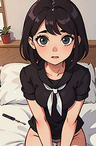 Girl with black hair showing her panties to the camera , looking at the camera, corada, calcinha branca transparente dando pra ver sua vagina, buceta, private part, opening your legs towards the camera, usando uma regata e uma saia, em um quarto, sentada no canto da cama