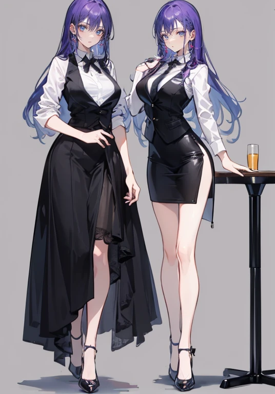 ((Perfect Face)),Purple Hair,voluminous long hair,1 female,bartender,suit,Black vest,Shirt with rolled up sleeves,tie,slit,High heels,,((Simple Background)),smile,((whole body)),((whole body)),Portraiture,virtual,upright,,Both arms are down,Standing upright with face and body facing forward,