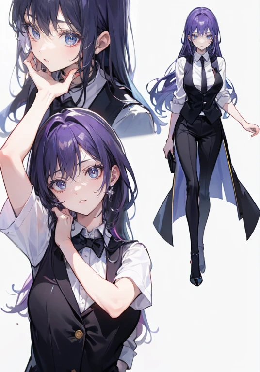 ((Perfect Face)),Purple Hair,voluminous long hair,1 female,bartender,suit,Black vest,Shirt with rolled up sleeves,tie,slit,High heels,,((Simple Background)),smile,((whole body)),((whole body)),Portraiture,virtual,upright,,Both arms are down,Standing upright with face and body facing forward,