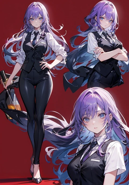 ((Perfect Face)),Purple Hair,voluminous long hair,1 female,bartender,suit,Black vest,Shirt with rolled up sleeves,tie,slit,High heels,,((Simple Background)),smile,((whole body)),((whole body)),Portraiture,virtual,upright,,Both arms are down,Standing upright with face and body facing forward,