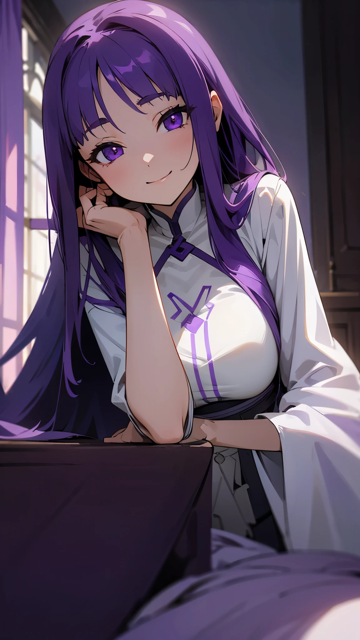 1 Girl、Long purple hair、Purple eyes、Dressed in white、Indoor Background、I can see the moon from the window、Poses for daily activities、Warm atmosphere、A seductive smile、Upper body close-up