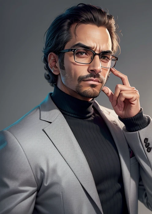 Aries man in a gray jacket and sweater, with pointed index finger, nerdy demeanor exudes an intelligent aura, reminiscent of a typical cryptocurrency enthusiast, in a promotional photograph, donning medium-sized glasses and a goatee, wearing glasses with a serious expression, as if embodying the character Raj Koothrappali transformed into Saul Goodman.