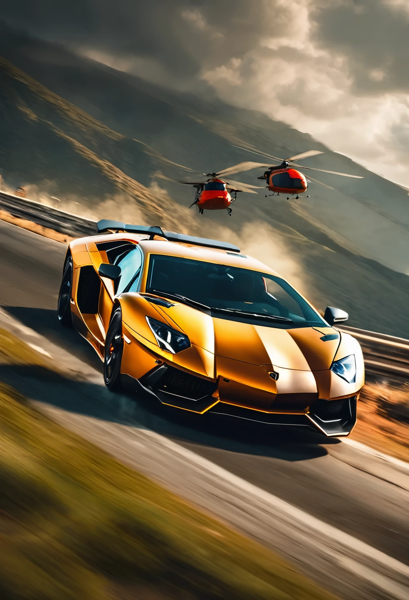 Dramatic high speed chase of a lamboghini aventador sv , pursuit a helicopter in the sky need for speed style