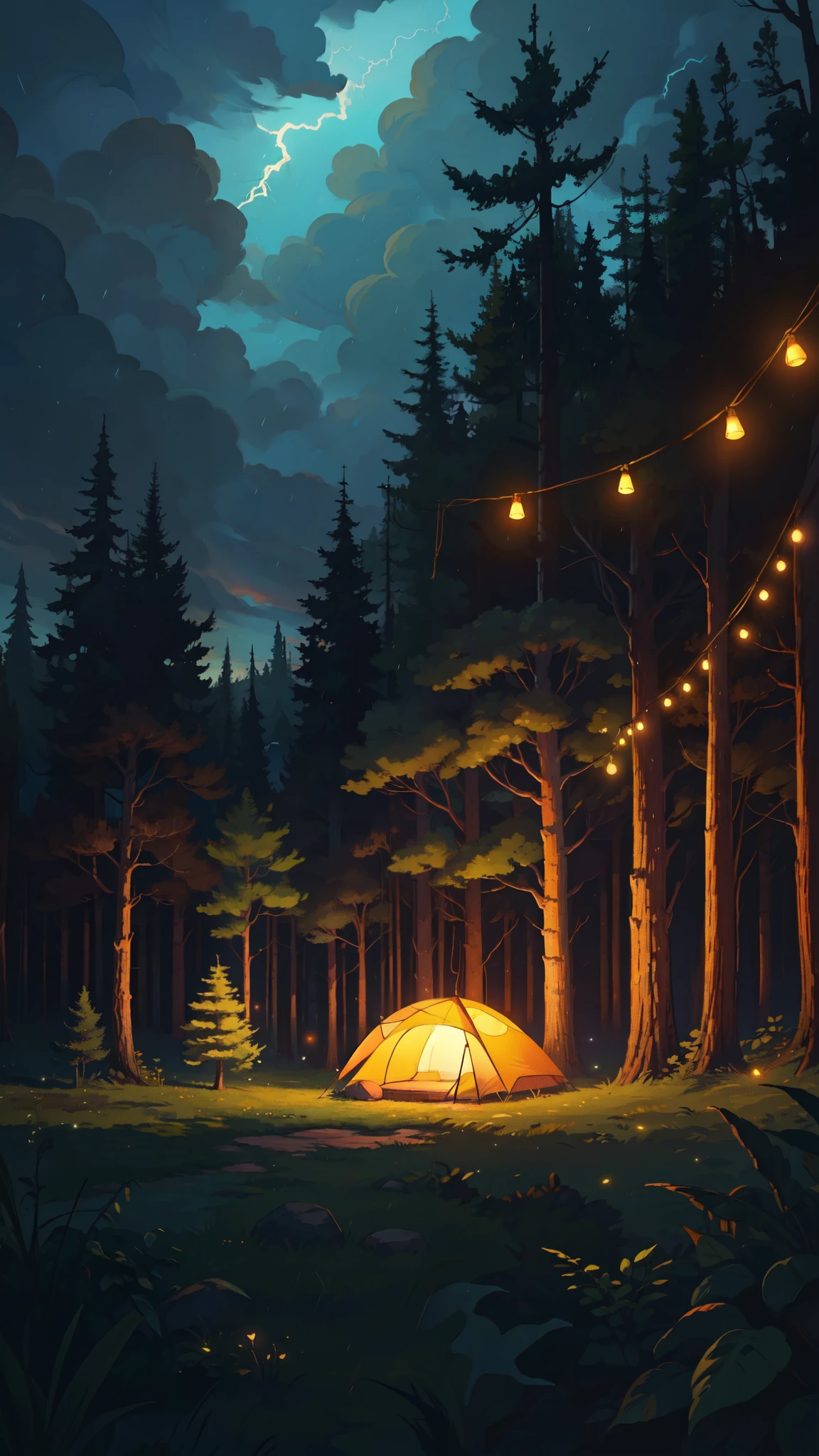 wide view, swiss tent in jungle, carpet, string lights, lightning in sky, night light, cloudy sky, pine trees, calm, silence, movie scene, aesthetics, beautiful tones, string lights, scenery, beautiful ambience, 8k, volumetric light, peaceful scene, light shining on part of foliage, micro landscape, intrinsic details