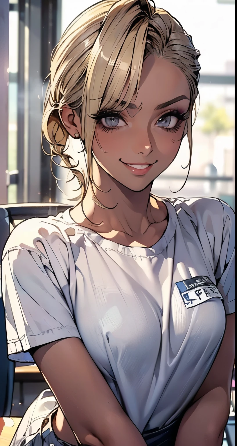 (Lewd smile:1.35),(Dark skinned:1.88),(Blonde asymmetrical undercut hairstyle:1.35),(Random hair color)、(Standard chest:1.15),(Slut:1.35),(Nasty makeup),(False eyelashes),topless、loose socks,(Looking at the camera:1.5),(Serious office worker:1.5)