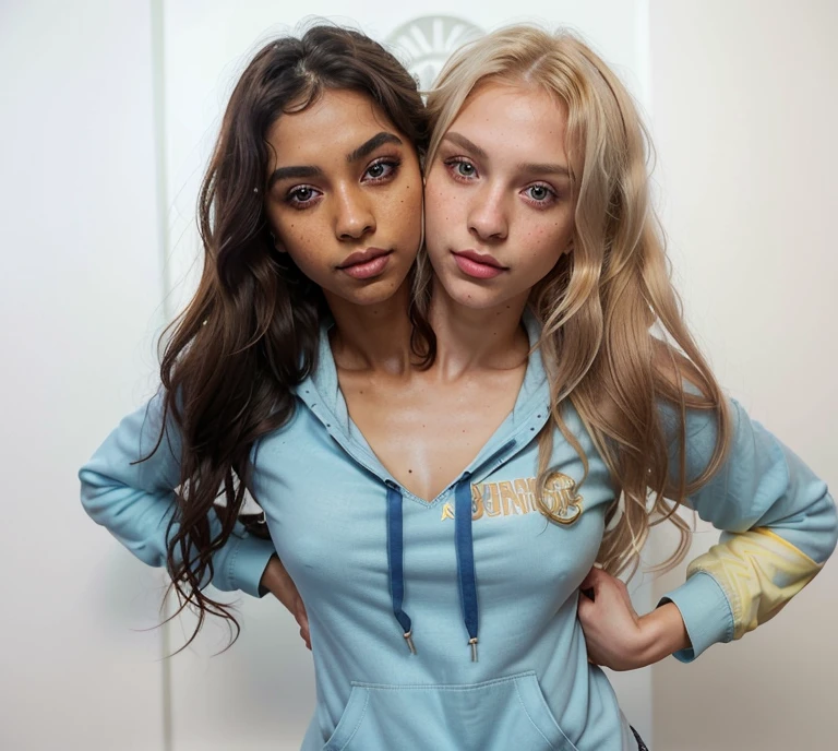 30-year-old dark skinned Indian woman named Biena and, her pale white American lover with icy blonde hair named Estella, rival college students, roommates, lazy girls, very feminine, (hugging each other tight, squishing their bodies together, slow dancing, hanging in her arms, flowing together, leaning on each other), gazing at each other, eyes averted, in love, lusting after each other, having sloppy sex together, (detailed dorm room background, dark room, blinds closed), (( Estella is a pale white American woman, icy blonde hair tied up in a messy bun, messy hair, no makeup, bags under eyes, bangs over forehead, lots of freckles all over her body, red cheeks, red nose, eyeliner, white skin, slim body, fit body)), ((Biena is 30-year-old, sexy blasian woman, black short and straight hair, bangs, almond eyes, dark brown blasian skin, black asian skin, suntanned skin, black skin, onyx skin, ebony skin, tattoos on her body, thick thighs, slightly chubby)), ultra-realistic photo, feminine features, ((both have very different facial features, ethnicities, and skin colors)), ((wearing hoodie, school name on front of hoodie, navy blue and yellow hoodie)), conjoined, 2 heads, different heads, different skin colors, vitiligo, harsh mixing, clear boundary where skin color changes, smooth transition, contrasting skin colors