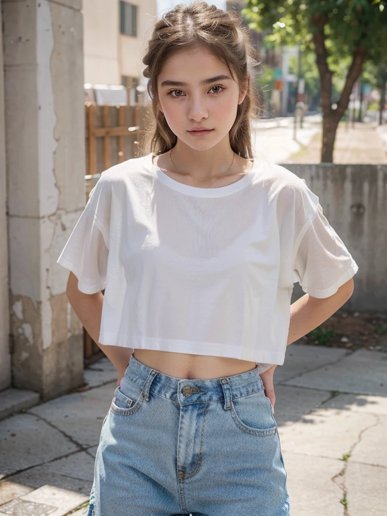 a beautifull girl, white skin, masterpiece, textured skin, super detail, high details, high quality, 8k, wearing a torn clothes, wearing a transparent shirt, stomuch visible, stomuch visible, hip hop pant, wearing a shinning eyer rings, littile smlie,