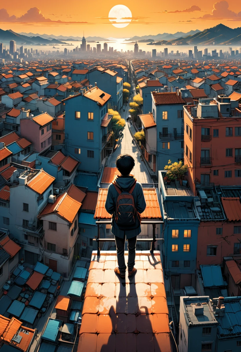 Person Standing on the Rooftop, (masterpiece, best quality, Professional, perfect composition, very aesthetic, absurdres, ultra-detailed, intricate details:1.3), by Tang Yau Hoong