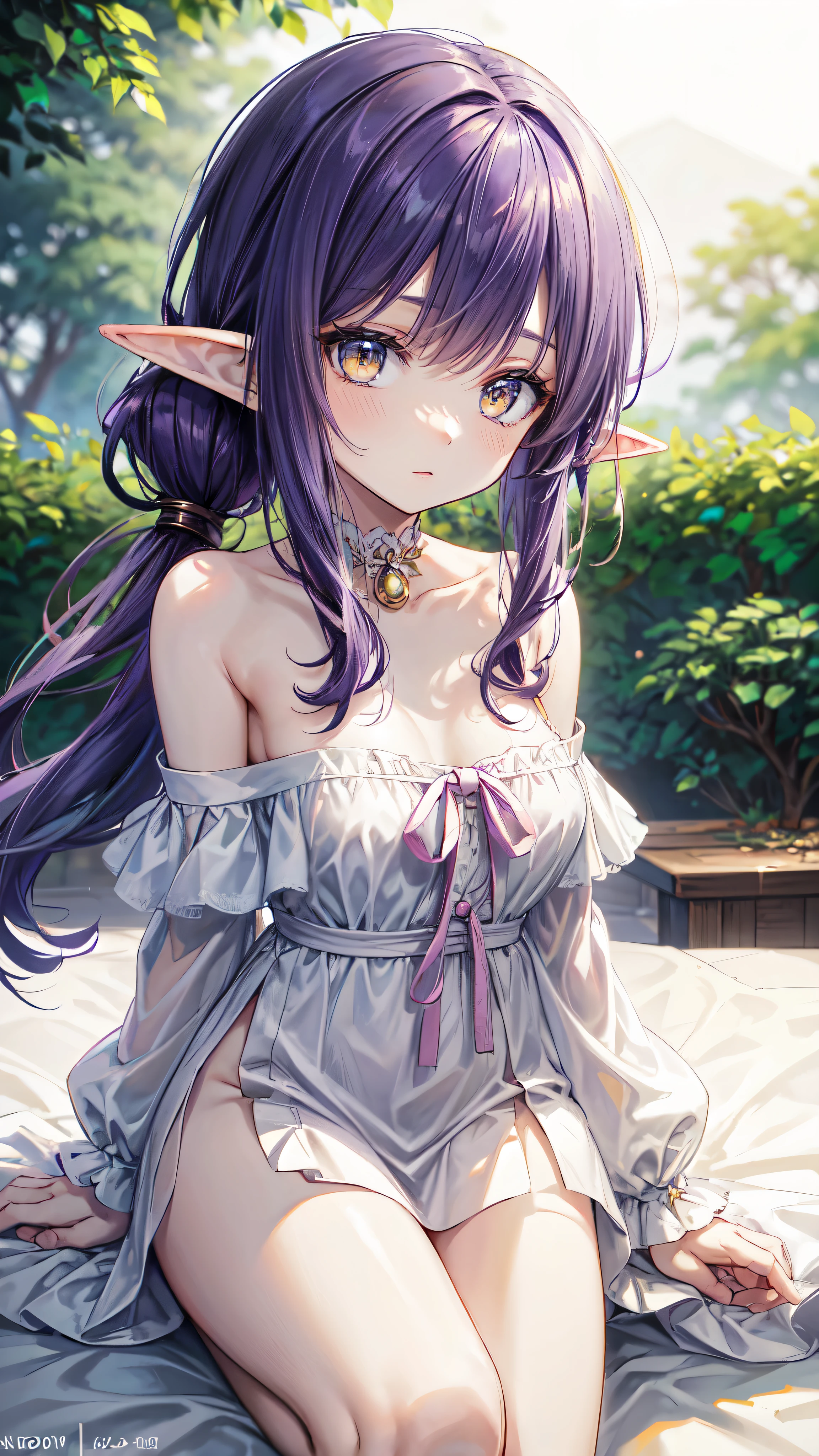 Young elf girl, long curly purple hair, elf ears, low ponytail, nice, yellow eyes, half-naked dress, open shoulders, open back, masterpiece:1.2, high quality, ultra-detailed, realistic:1.37, HDR, vivid colors, bokeh, portraits, landscape, professional, sharp focus, physically-based rendering, sitting on the bed ,half naked
