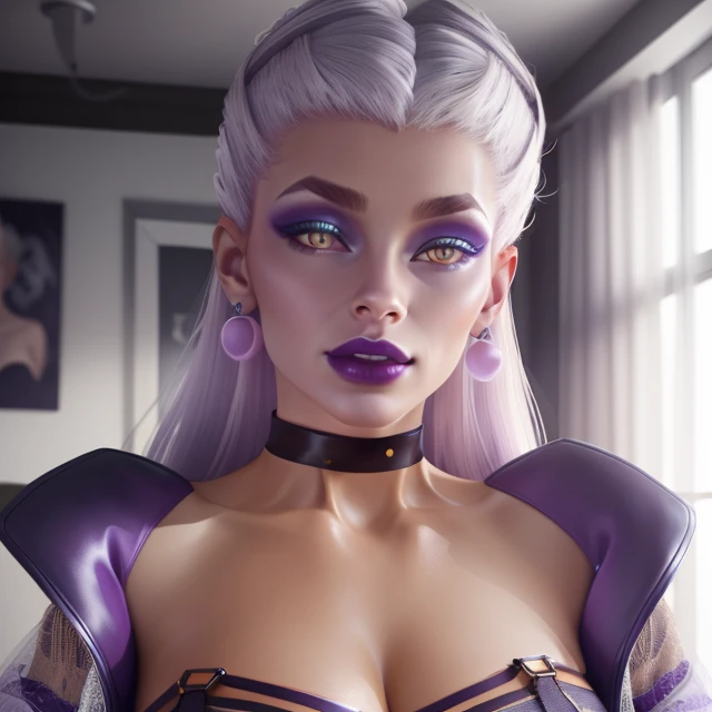 (portrait, closeup, headshot), EvelynnAO, 1girl, 3d render, makeup, hair buns, yellow eyes, black lingerie, bedroom, white hair, choker, long hair, purple opalescent jacket, masterpiece, garter belts, white sclera, pearl earrings