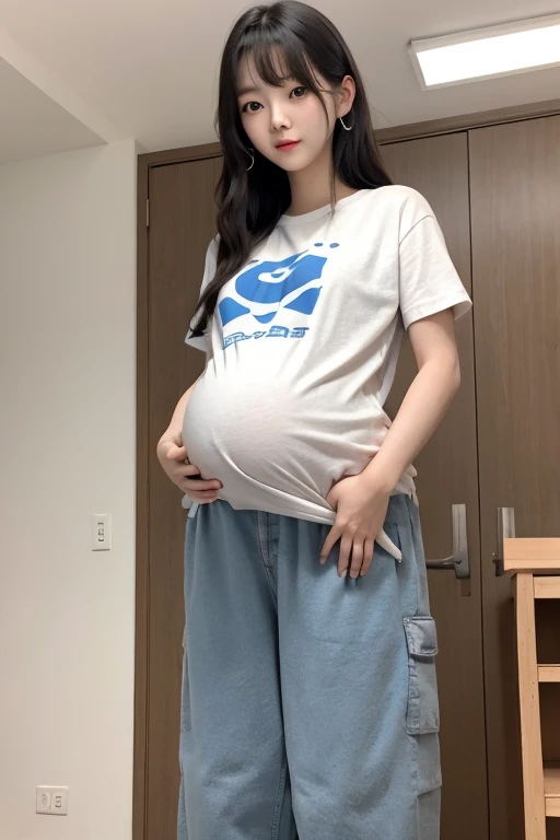 pregnancy,korean,Young Girl,big bust,very large abdomen,indoor house,Wearing a t-shirt and baggy pants,holding your waist with your hands,belly covered with pants