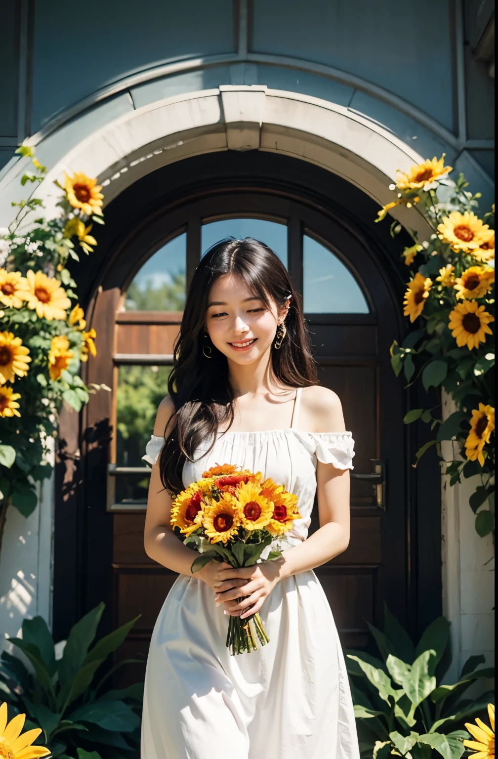 A beautiful with long black hair, wearing glasses and smiling, holding a bouquet of sunflowers and red roses. The vibrant colors of the flowers and the girl's outfit create a lively and joyful atmosphere. The image is of ultra-detailed quality, with a resolution of 8k, highres, and a touch of a masterpiece at a 1.2 level. The focus of the image is cinematic, capturing the girl's expression and the flowers in sharp detail. The girl's eyes are closed, adding a sense of tranquility and contentment.