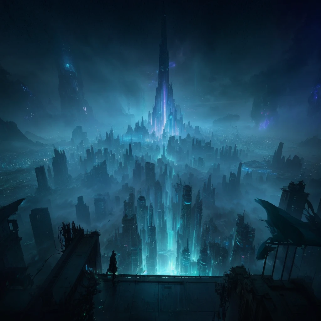 anime city with a tower and a waterfall in the middle, concept art stunning atmosphere, luminescent concept art, matte painting arcane dota pixar, digital concept art of dystopian, high quality digital concept art, cyberpunk city in the distance, in fantasy sci - fi city, cinematic neon matte painting, stunning! concept art, paul lehr and beeple