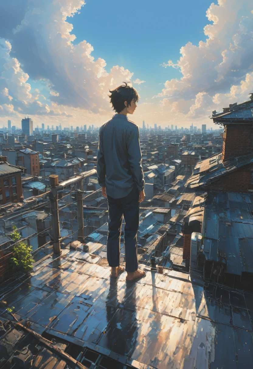 Person Standing on the Rooftop, by Makoto Shinkai and Makoto Niitsu, best quality, masterpiece, very aesthetic, perfect composition, intricate details, ultra-detailed