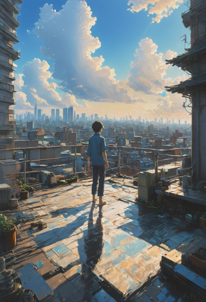 Person Standing on the Rooftop, by Makoto Shinkai and Makoto Niitsu, best quality, masterpiece, very aesthetic, perfect composition, intricate details, ultra-detailed