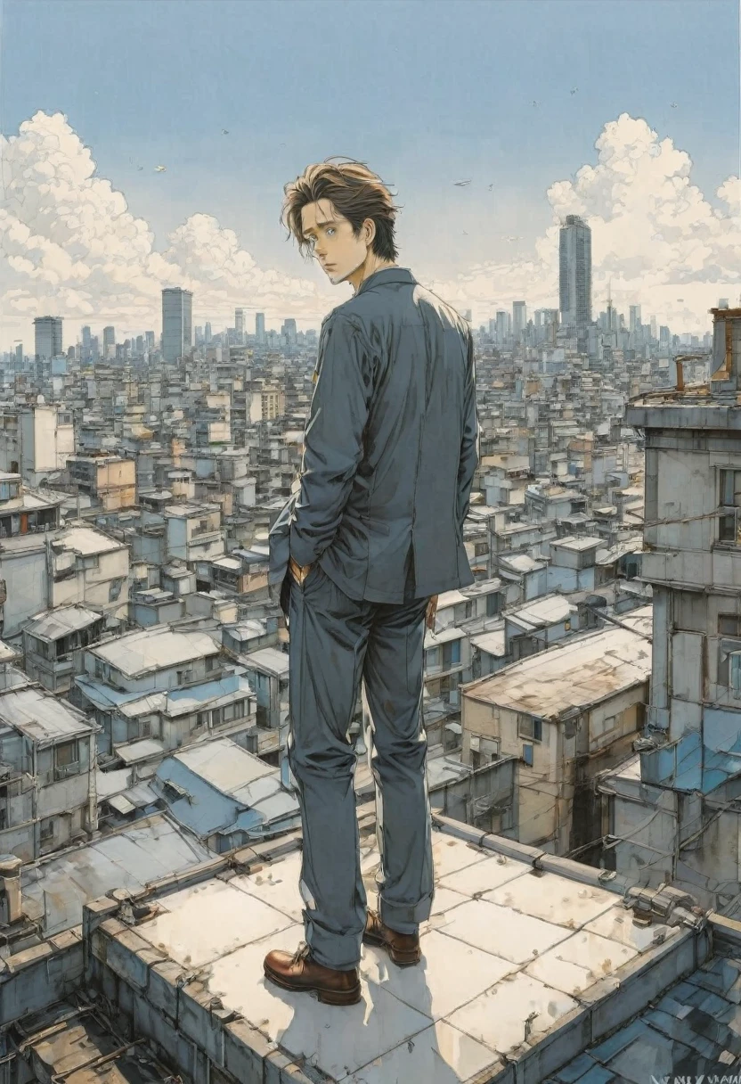 Person Standing on the Rooftop, by Naoki Urasawa, best quality, masterpiece, very aesthetic, perfect composition, intricate details, ultra-detailed