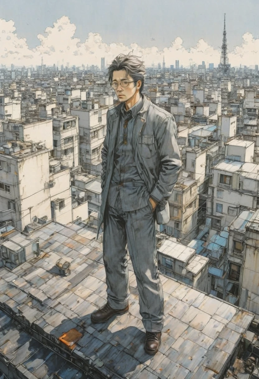 Person Standing on the Rooftop, by Naoki Urasawa, best quality, masterpiece, very aesthetic, perfect composition, intricate details, ultra-detailed