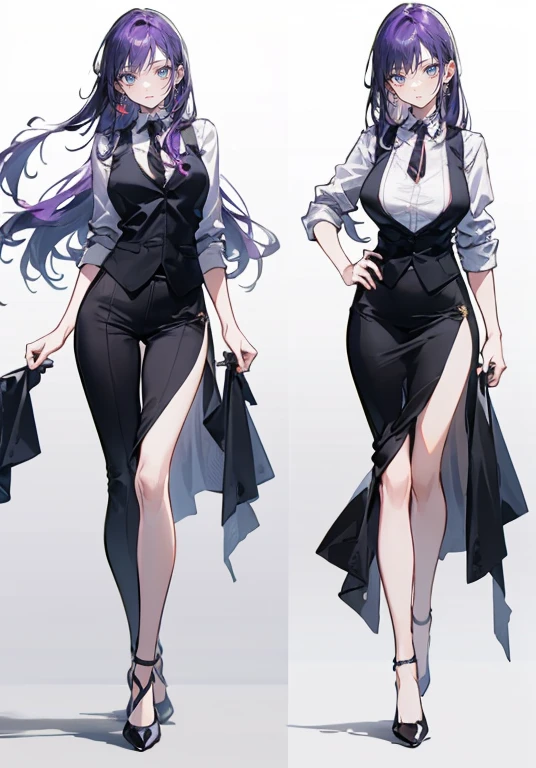 ((Perfect Face)),Purple Hair,voluminous long hair,1 female,bartender,suit,Black vest,Shirt with rolled up sleeves,tie,slit,High heels,,((Simple Background)),smile,((whole body)),((whole body)),Portraiture,virtual,upright,,Both arms are down,Standing upright with face and body facing forward,