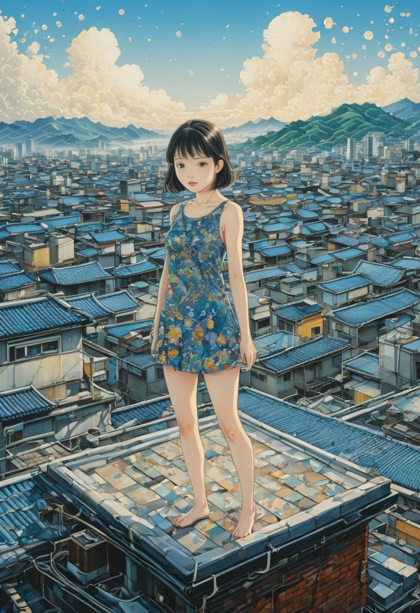 Person Standing on the Rooftop, by Chiho Aoshima, best quality, masterpiece, very aesthetic, perfect composition, intricate details, ultra-detailed