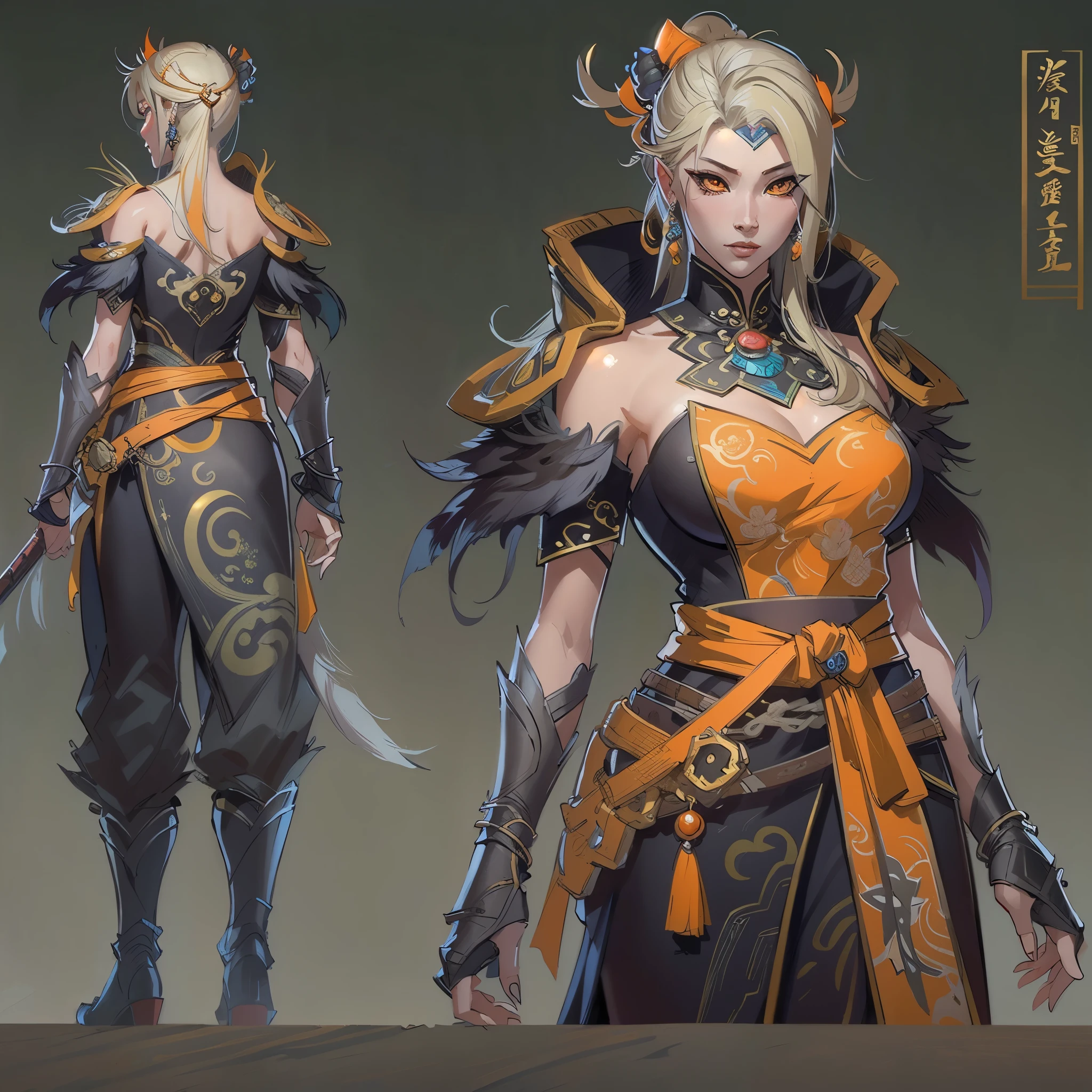 a close up of a strong amazon woman in her 30's, with orange eyes and blonde hair, wearing a black and orange ball gown dress, a heroine with orange eyes, martial artist holding polearm, standing in a chinese temple, new costume concept design, in the style of blade and soul, full body character concept, detailed character design, inspired by Yang Jin, inspired by Li Mei-Shu, chinese costume, inspired by Lan Ying, inspired by Sim Sa-Jeong, inspired by Li Tang, lunar themed attire, costume with orange accents, inspired by Ju Lian, colored concept art, highly detailed character design, highly detailed face, inspired by Ai Xuan, very highly detailed face, unreal engine render, final fantasy 14 style, inspired by Leng Mei