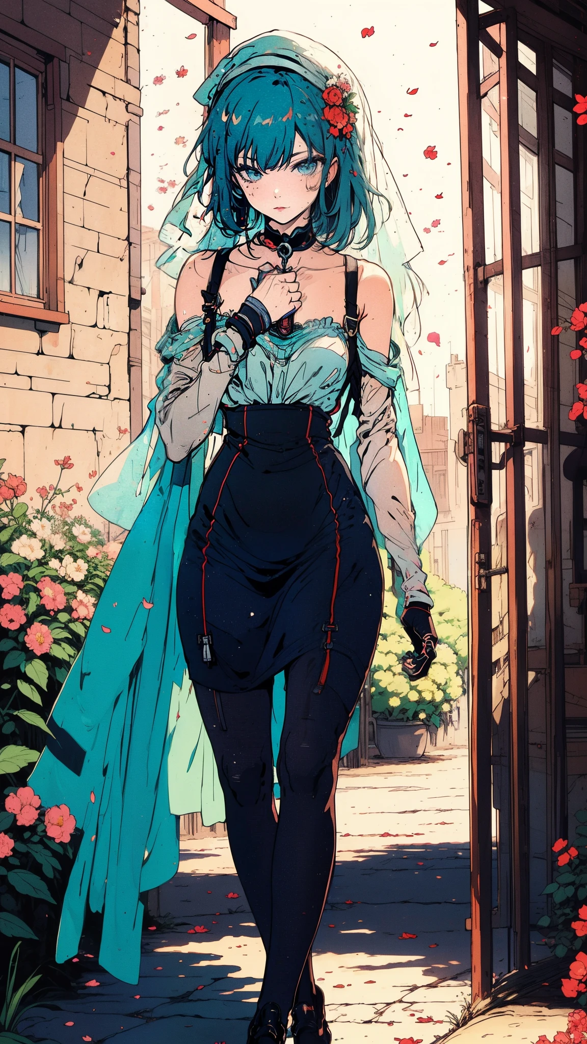 (best quality,ultra-detailed), anime, Young woman, aristocratic hatsune miko, stockings with suspenders, playful look, long sleeves, bare shoulders, hat with veil, heels with white line, vintage, walking in a garden and stopping to smell a flower, background with a beautiful sunset, clenched fist with fingers gently touching the petals, beautiful straight fingers, Palm, Hands, five fingers on one hand and on the other 