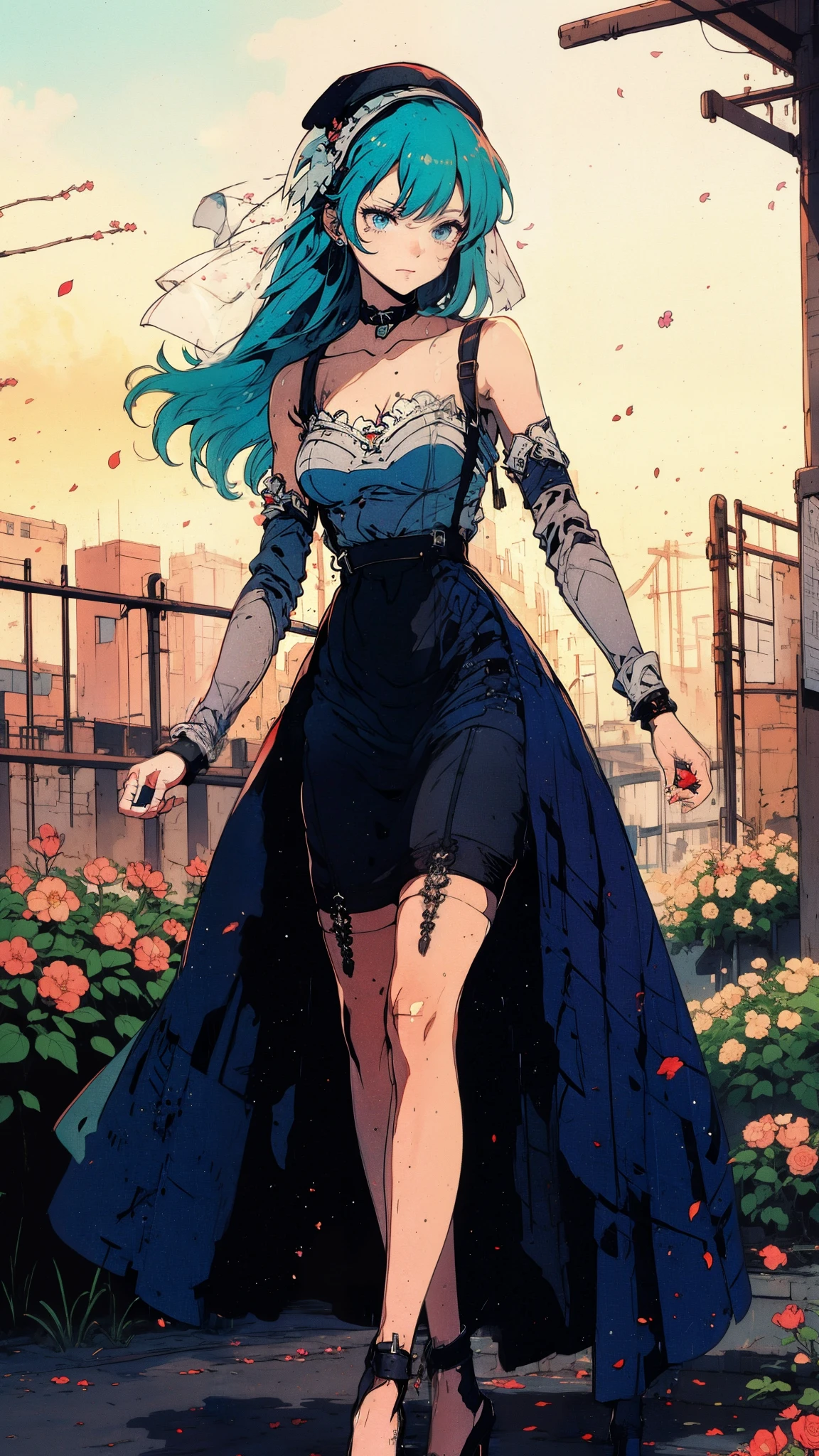 (best quality,ultra-detailed), anime, Young woman, aristocratic hatsune miko, stockings with suspenders, playful look, long sleeves, bare shoulders, hat with veil, heels with white line, vintage, walking in a garden and stopping to smell a flower, background with a beautiful sunset, clenched fist with fingers gently touching the petals, beautiful straight fingers, Palm, Hands, five fingers on one hand and on the other 